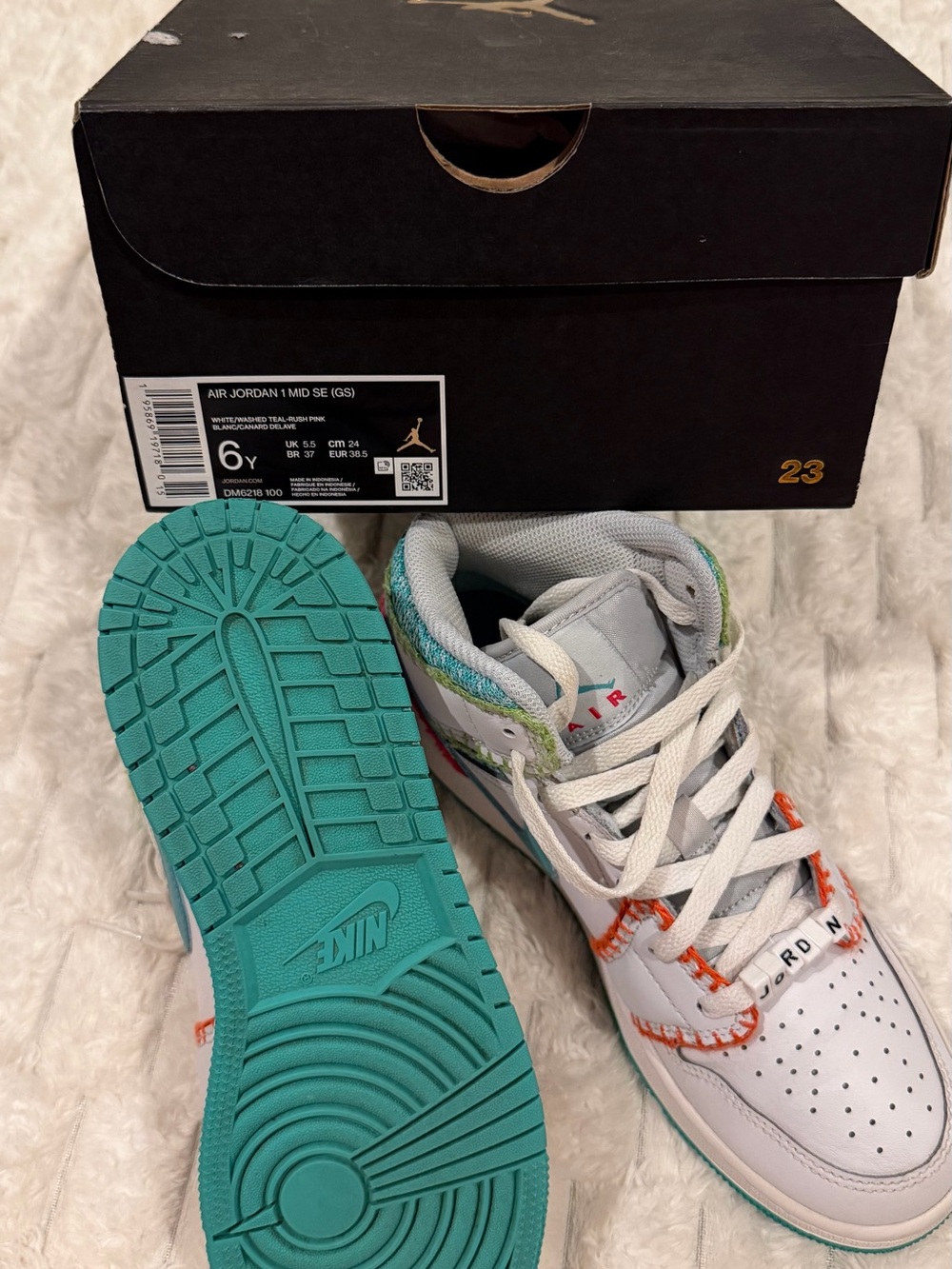 Nike White Teal Orange Accent Air Jordan 1 Mid Sneakers